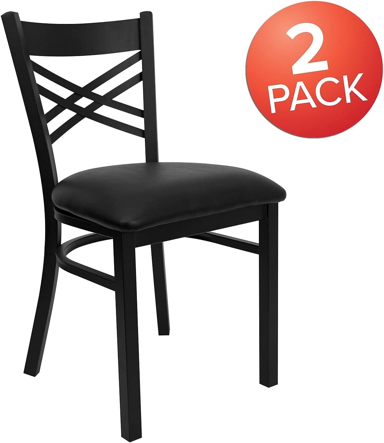 Black Metal Cross Back Dining Chairs with Vinyl Seats, Set of 2