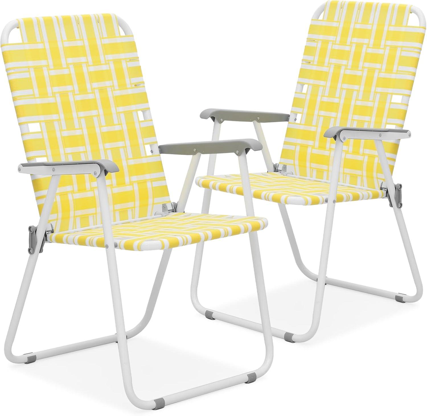 MoNiBloom Portable Webbed Beach Chairs Set of 2, Folding Camping Woven Seats with Armrests, for Outdoor Patio Lawn, Lemon Yellow