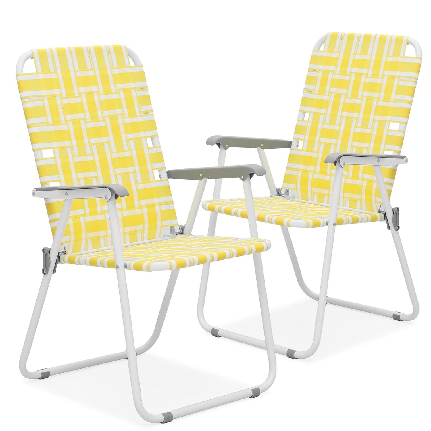 MoNiBloom Portable Webbed Beach Chairs Set of 2, Folding Camping Woven Seats with Armrests, for Outdoor Patio Lawn, Lemon Yellow