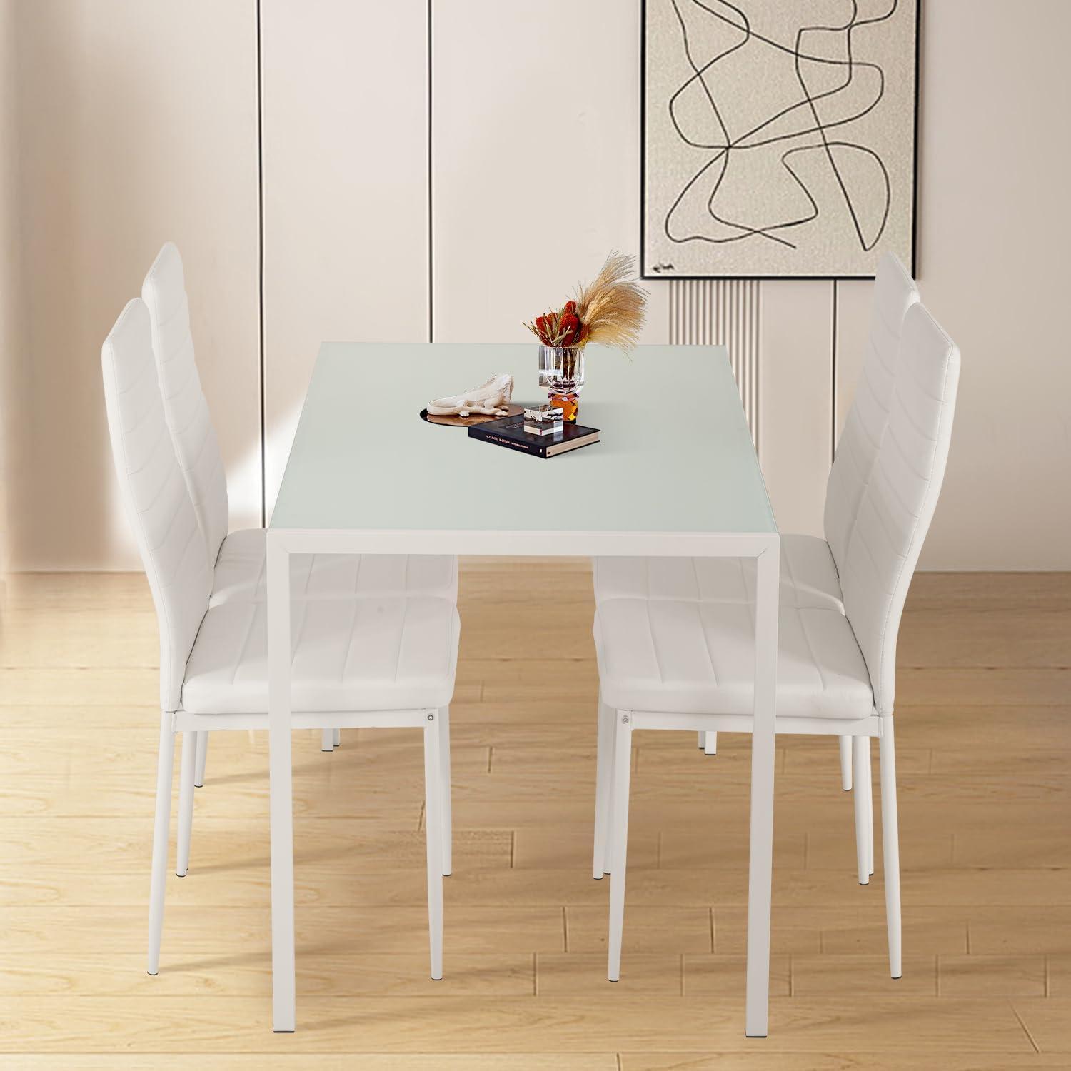 PayLessHere Dining Table Set Glass for Small Spaces Kitchen Table and Chairs for 4 Table with Chairs Home Furniture Rectangular Modern, White Glass