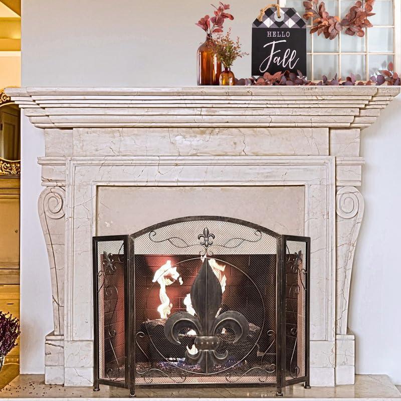 BestGiftEver 3-Panel Fireplace Screen Decorative with Fleur De Lis Design Vintage Golden Bronze Tone - Stand Alone Decorative Wrought Iron Mesh French Royal Style Fireplace Cover, Classic Home Decor