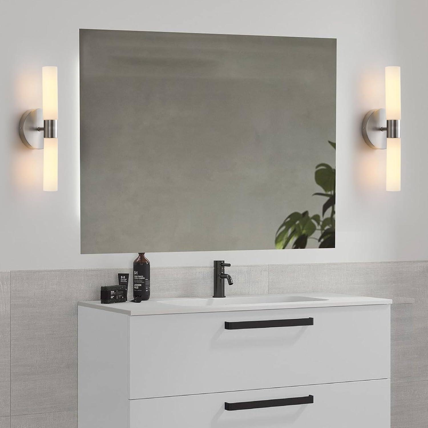 Brushed Nickel Double Light Sconce with White Glass Shades