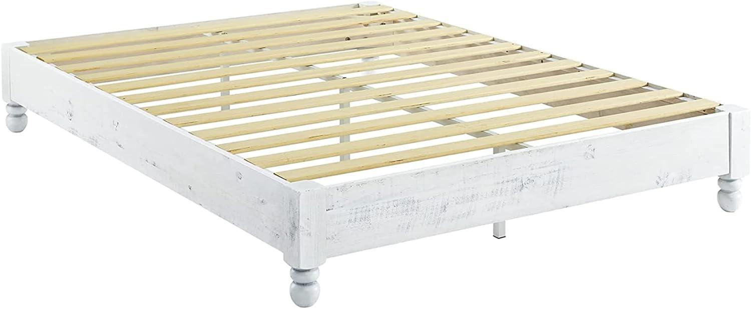 Queen White Washed Pine Wood Platform Bed with Slats