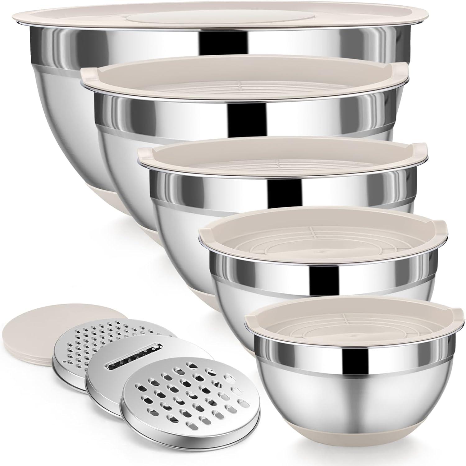 Toledo Bath & Kitchen Stainless Steel Mixing Bowls With Lids, 5-Pack Metal Nesting Bowls With Airtight Covers For Cooking, Baking, Serving, Storage, Non-Toxic & Dishwasher Safe, Size 4.6/3/1.5/1/0.7QT - Khaki