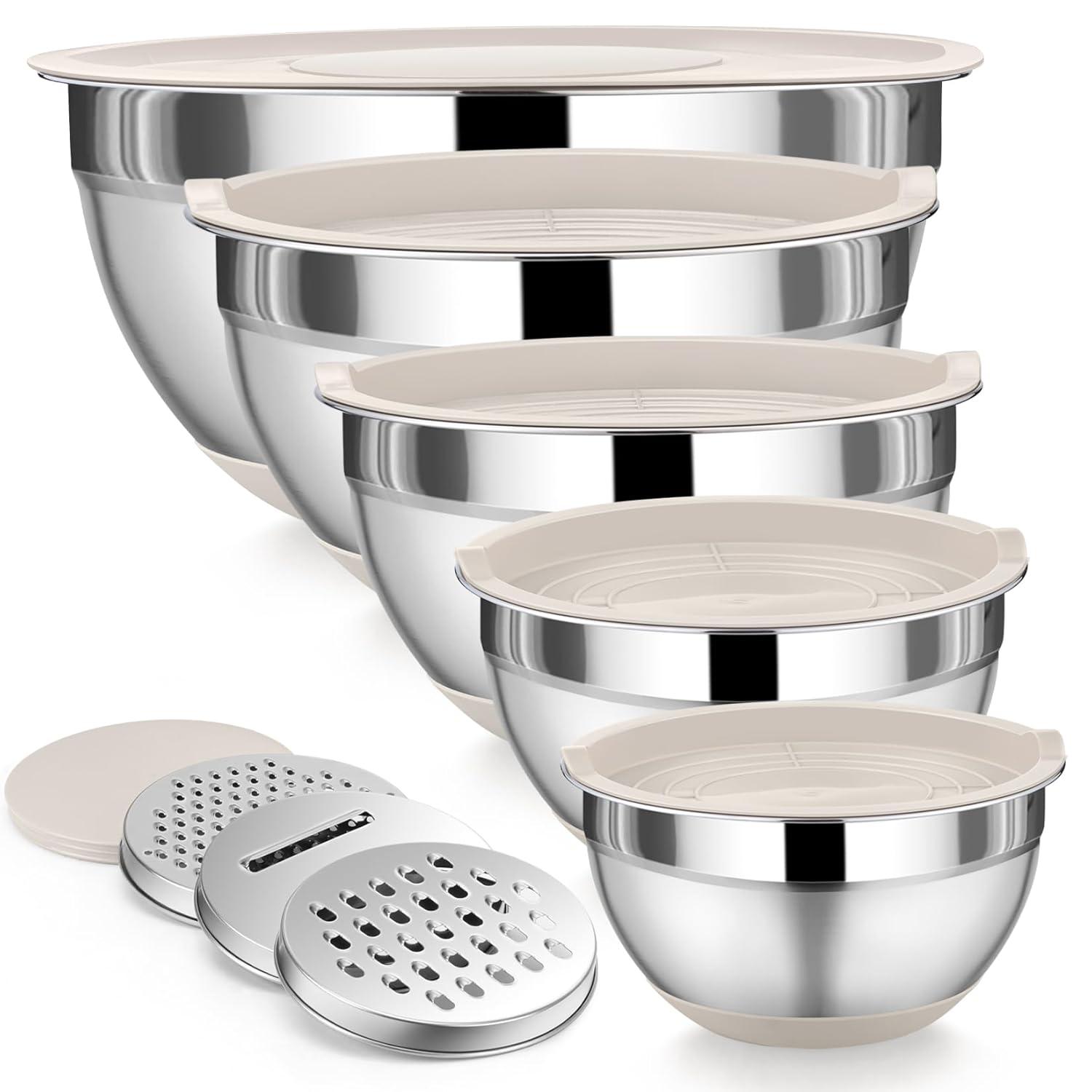 Toledo Bath & Kitchen Stainless Steel Mixing Bowls With Lids, 5-Pack Metal Nesting Bowls With Airtight Covers For Cooking, Baking, Serving, Storage, Non-Toxic & Dishwasher Safe, Size 4.6/3/1.5/1/0.7QT - Khaki