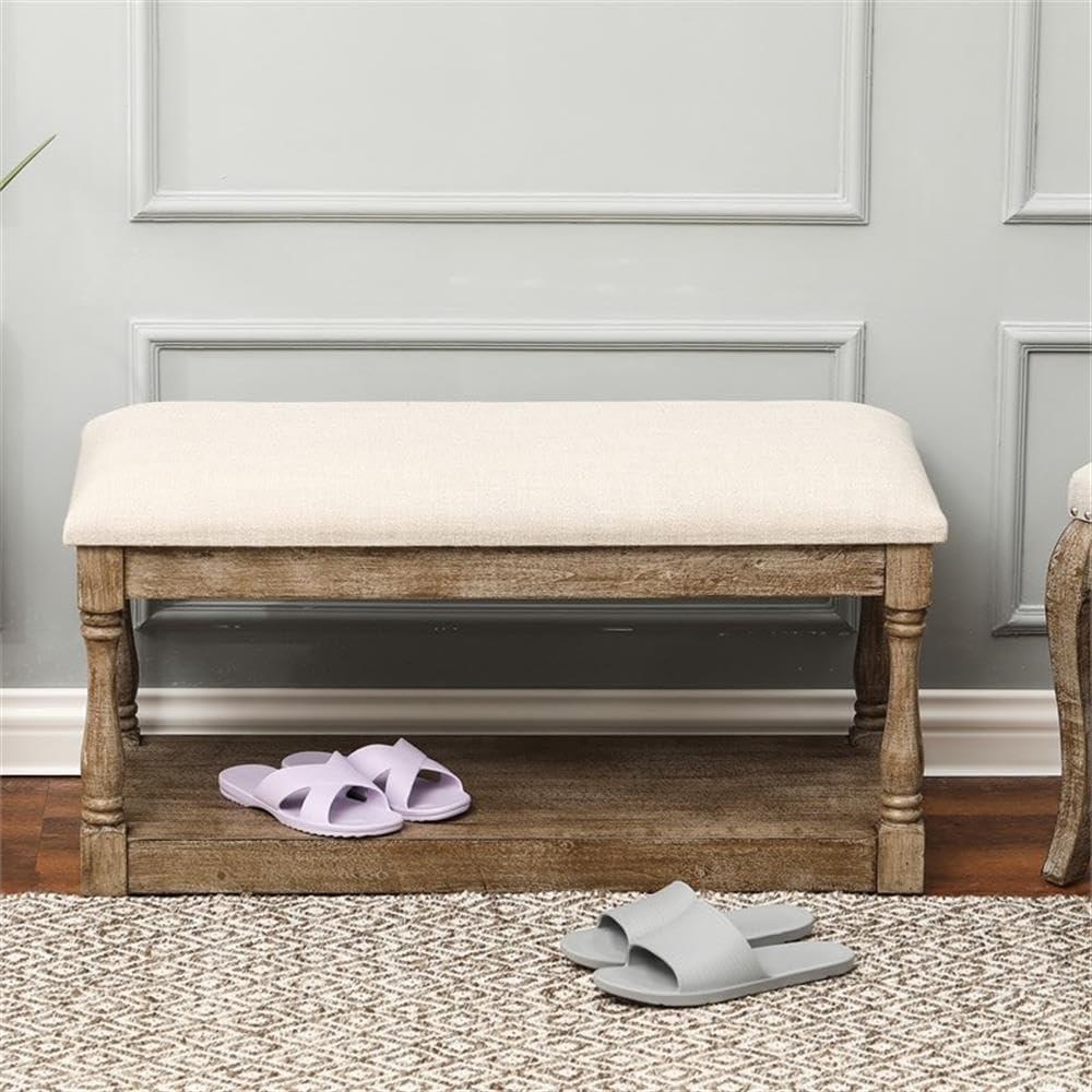 LuxenHome Upholstered Beige Linen Entryway and Bedroom Bench