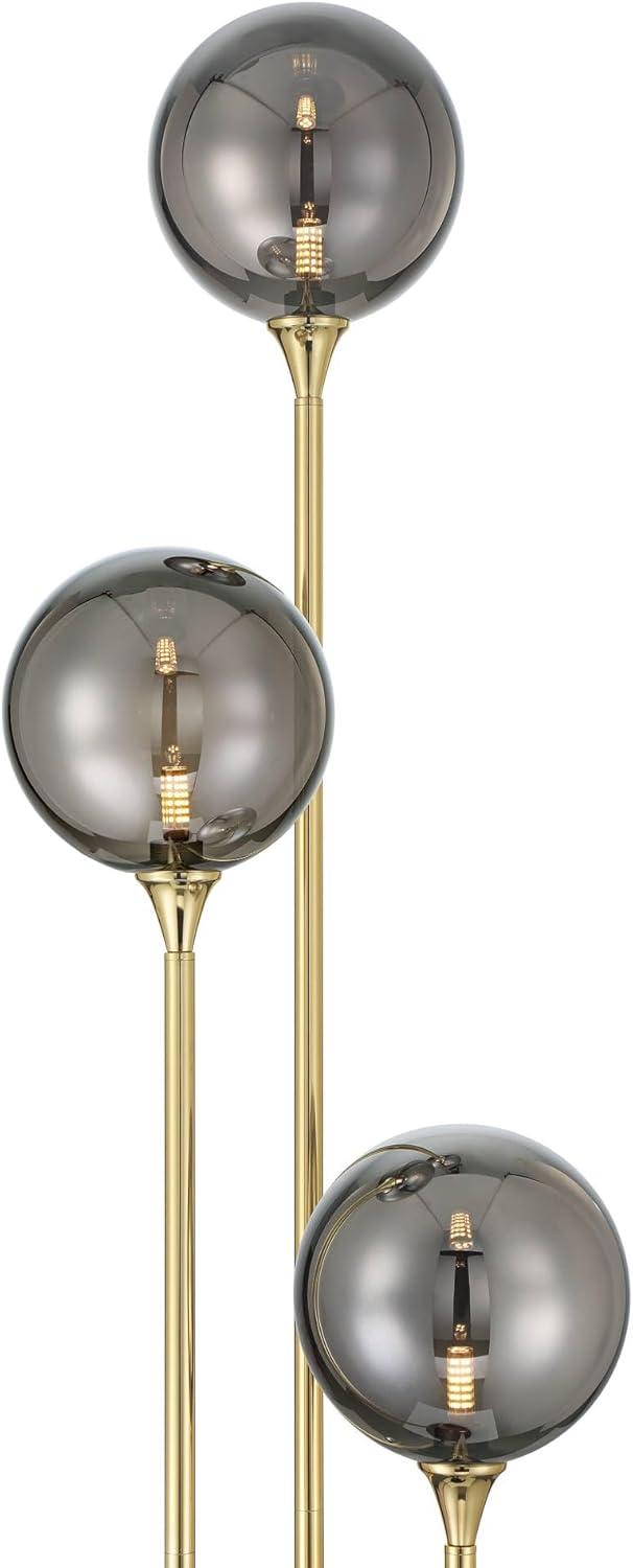 Possini Euro Design Arielle Mid Century Modern 67" Tall Standing Floor Lamp Tree 3-Light LED Foot Switch Gold Metal Brass Bubble Glass Gray Shade