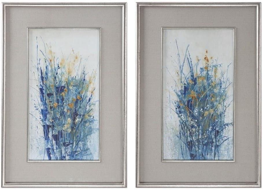 Indigo Floral Prints in Silver Frames, Set of 2