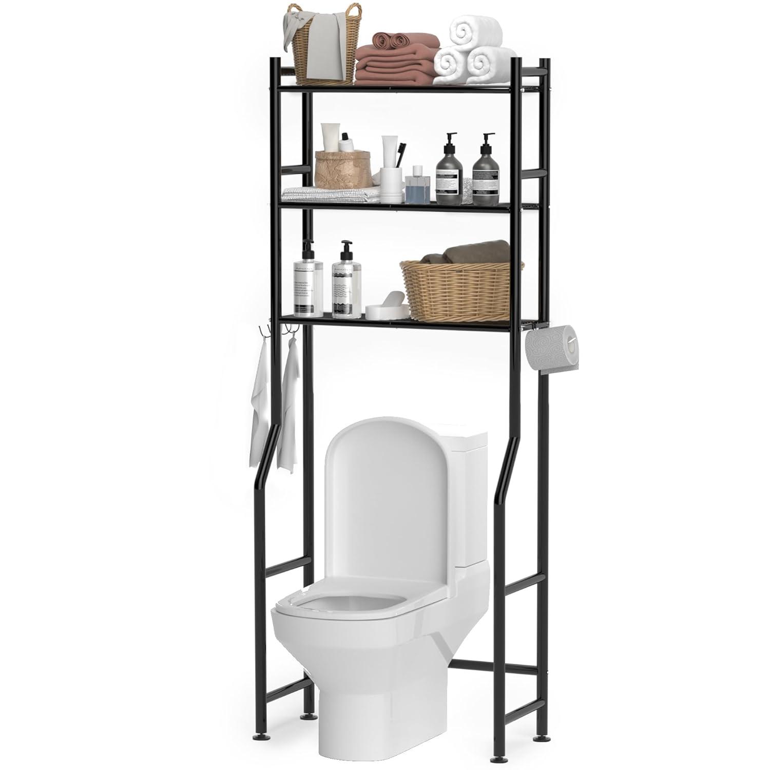 3-Tier Over The Toilet Storage, Space Saver Metal Bathroom Shelves, Freestanding Above Over Toilet Storage Shelf With 4 Hooks For Bathroom, Black