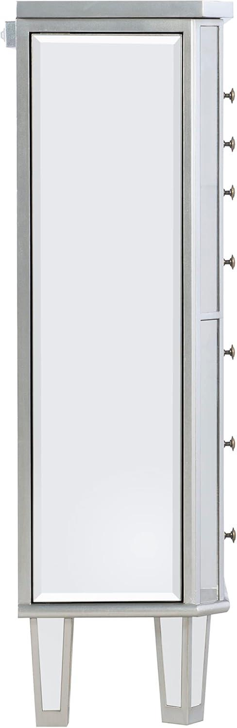 Chic Silver Wood Mirrored Jewelry Armoire with Interior Storage