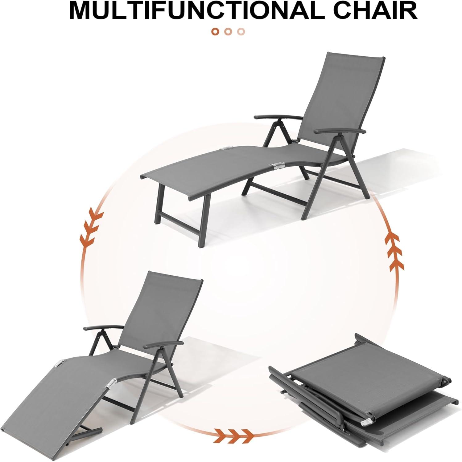 Crestlive Products Outdoor Adjustable Aluminum Patio Folding Chaise Lounge Chair Gray