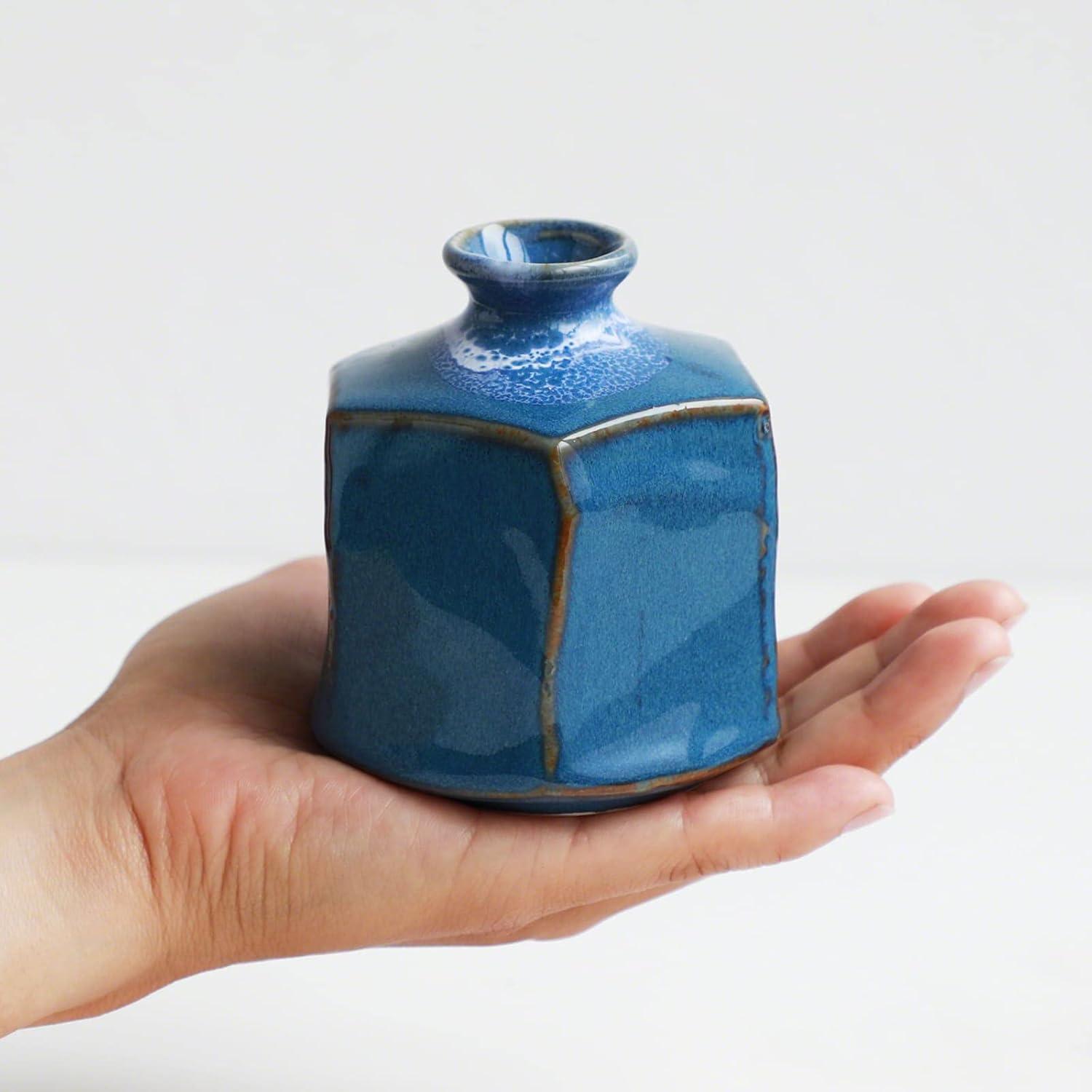 Wazakura Minoyaki Ceramic Small Ikebana Flower Bud Vase Hexagon Shaped Blue Made in Japan
