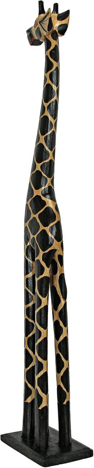 Hand-Carved 36-Inch Tall Black and Beige Wooden Giraffe Statue
