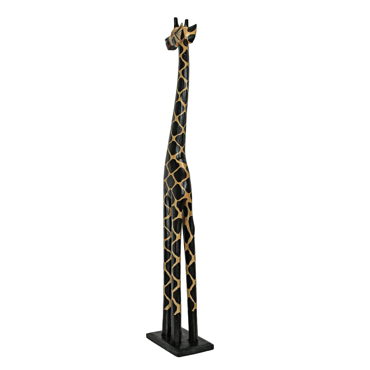 Hand-Carved 36-Inch Tall Black and Beige Wooden Giraffe Statue