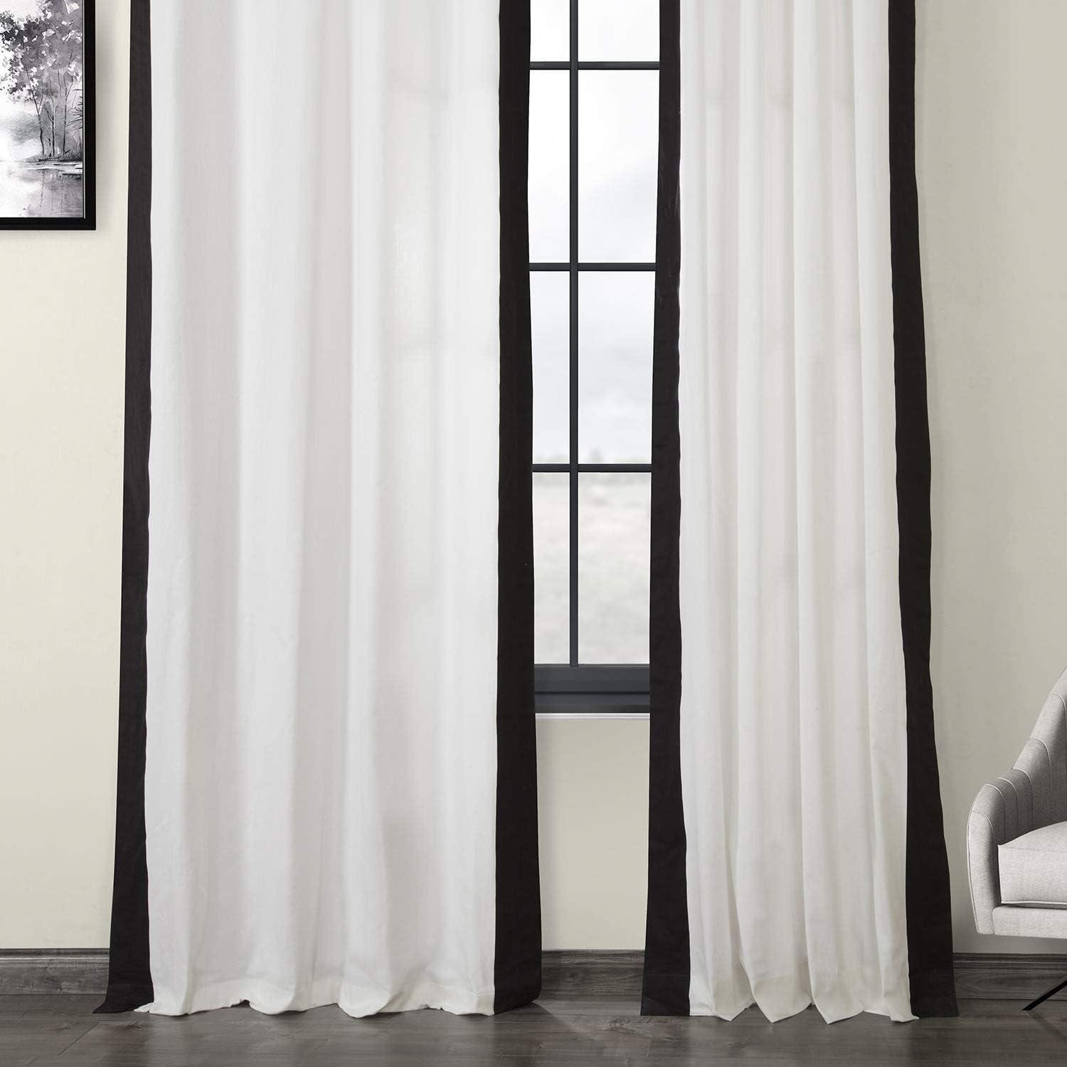 Warm Off-White & Black Cotton Pleated Room-Darkening Curtains