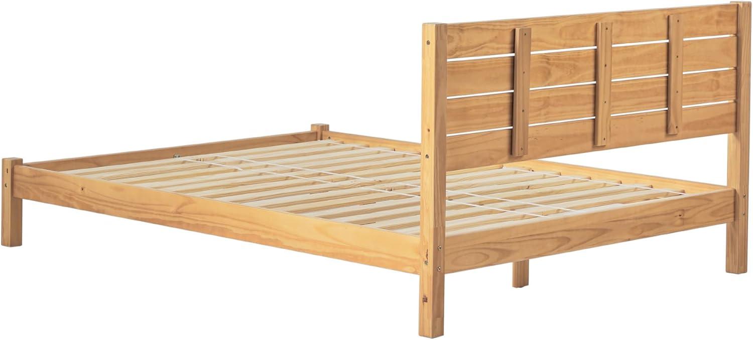 Solid Wood Minimalist Boho Queen Bed with Simple Headboard - Natural Pine