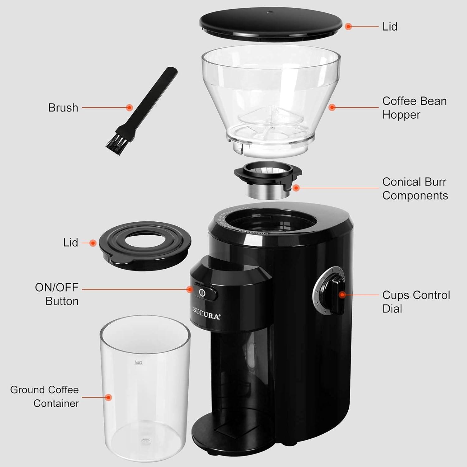 Secura Conical Burr Coffee Grinder, Electric Coffee Grinder with 18 Grind Settings, Adjustable Burr Mill Coffee Bean Grinder for 2-10 Cups
