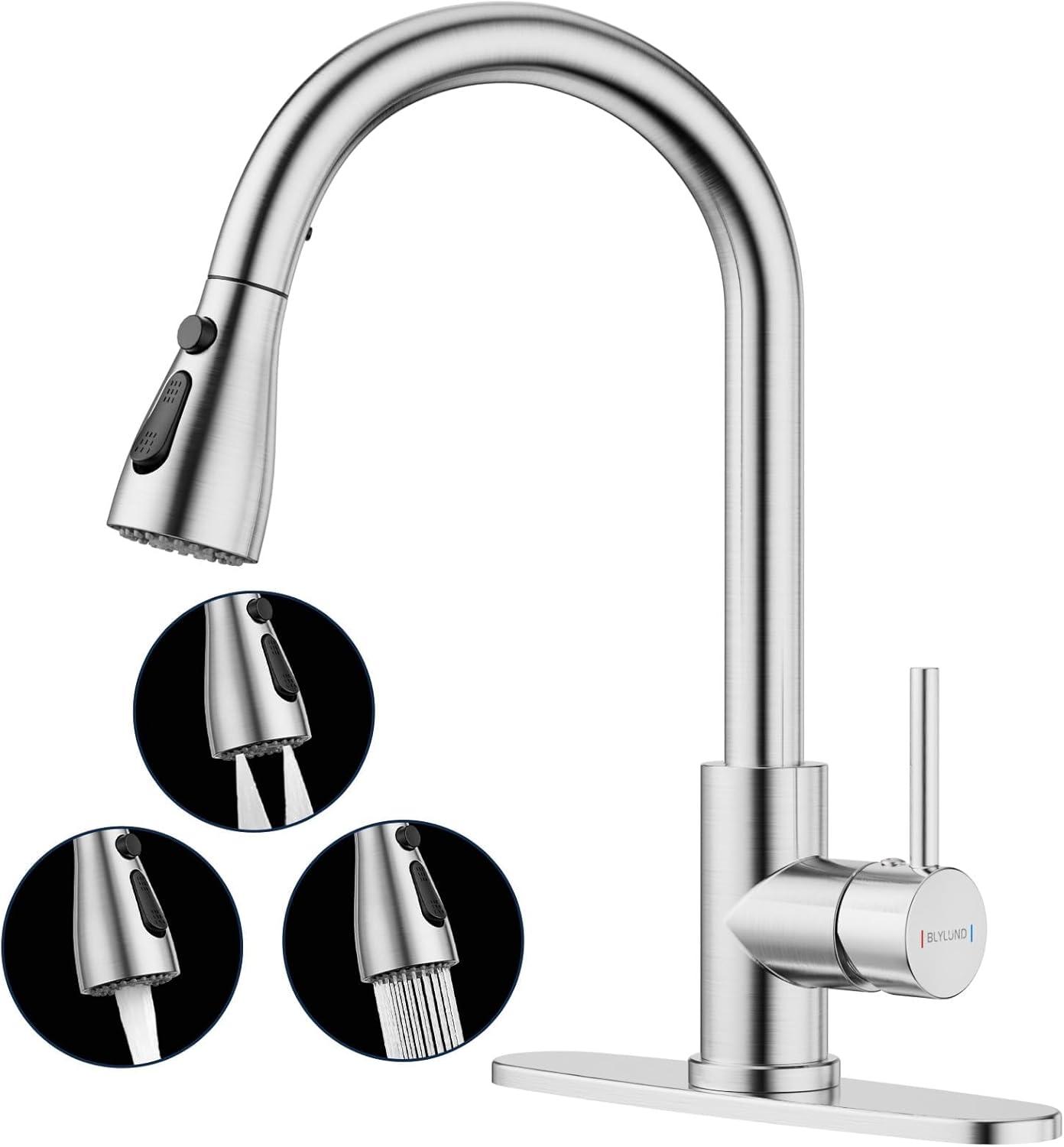 Brushed Nickel Kitchen Sink Faucet with Pull Down Sprayer Single Handle Single Hole Mixer Tap