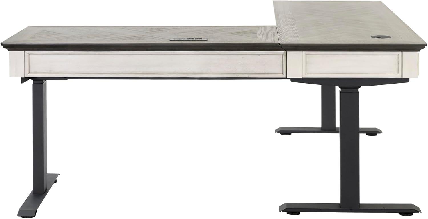 White and Gray Adjustable Height Standing Desk with Drawer and Power Outlet