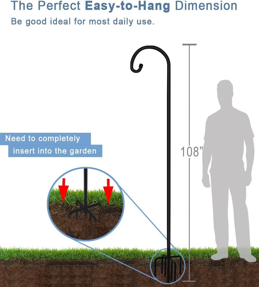 Arlmont & Co. Velsie 108 Inch Outdoor Shepherd Hook With 7 Prong Base (1 Pack), Adjustable Heavy Duty Garden Hanging Stake , Matte Black