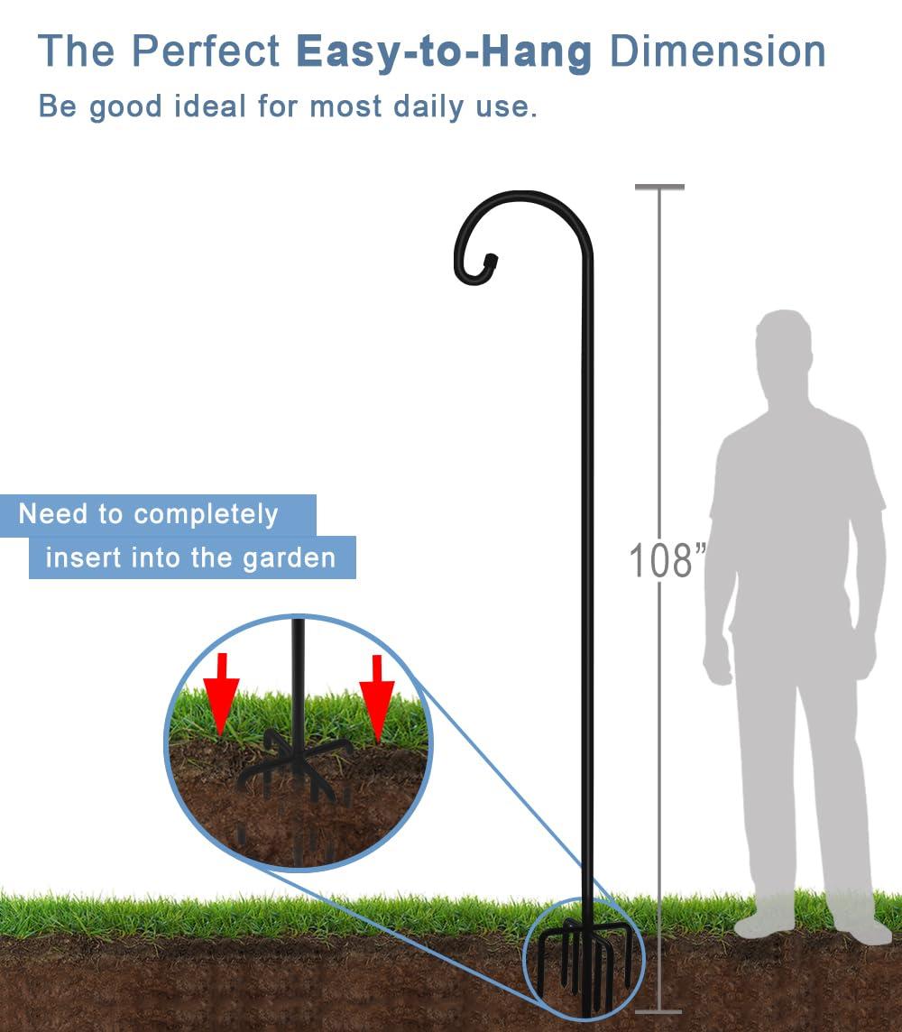 Arlmont & Co. Velsie 108 Inch Outdoor Shepherd Hook With 7 Prong Base (1 Pack), Adjustable Heavy Duty Garden Hanging Stake , Matte Black