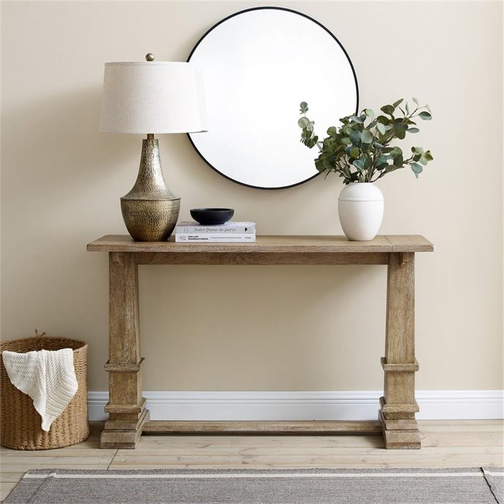 Rustic Brown Farmhouse Wood Console Table with Pedestal Columns