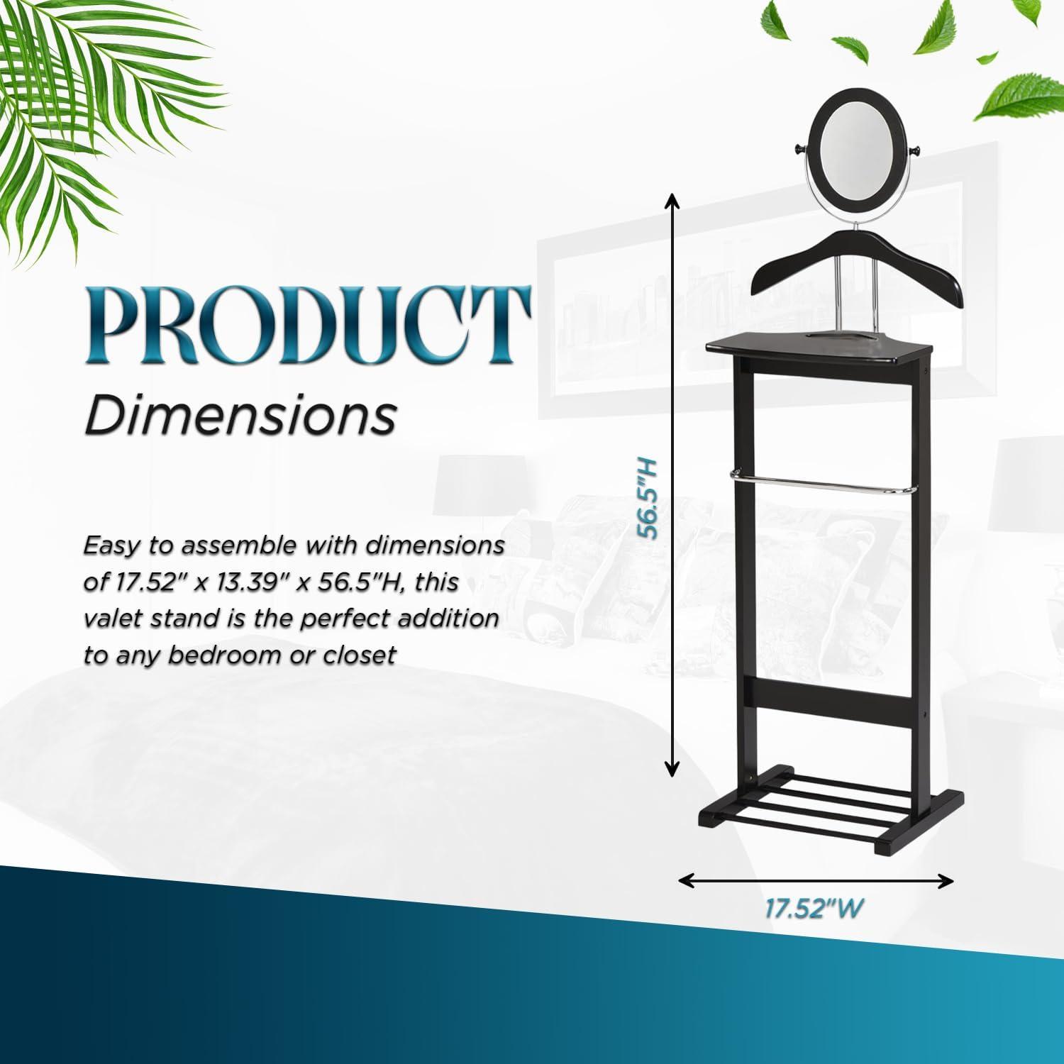 Kings Brand Furniture - Wardrobe Wood Suit Valet Stand, Clothes Trouser Bar Rack, Tie, Belt Hanger and Shoe Rack, Black/Chrome