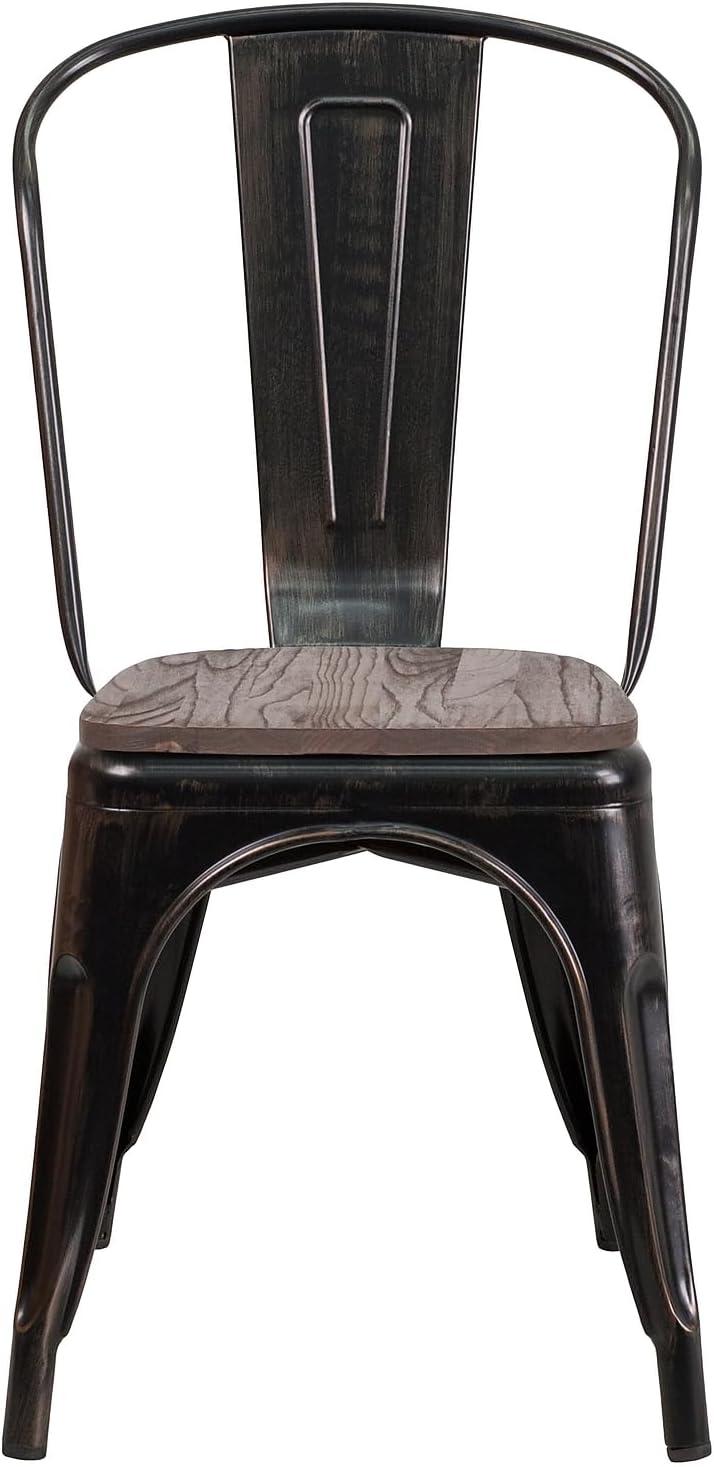 Flash Furniture Black-Antique Gold Metal Stackable Chair with Wood Seat