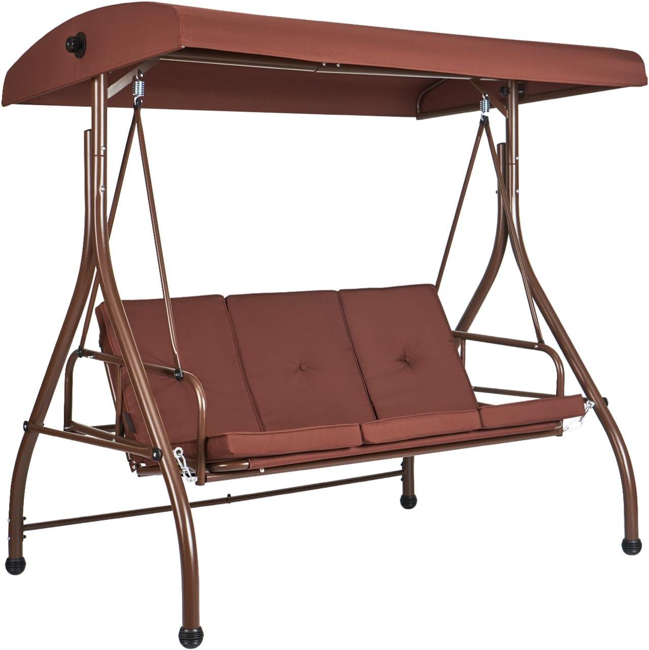 Brown Alloy Steel 3-Seat Patio Swing Chair with Adjustable Canopy