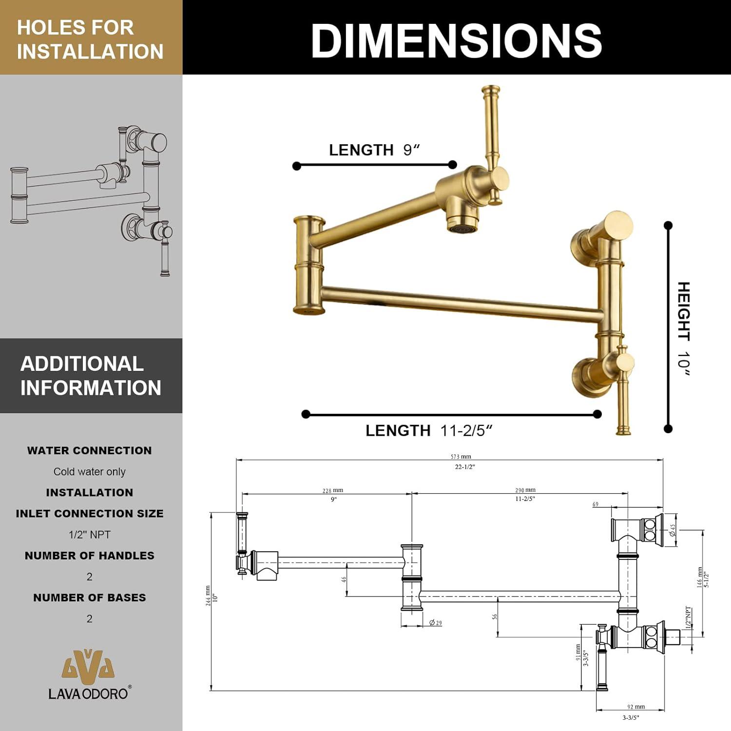 Brushed Gold Brass Wall-Mount Pot Filler Faucet with Swing Arm