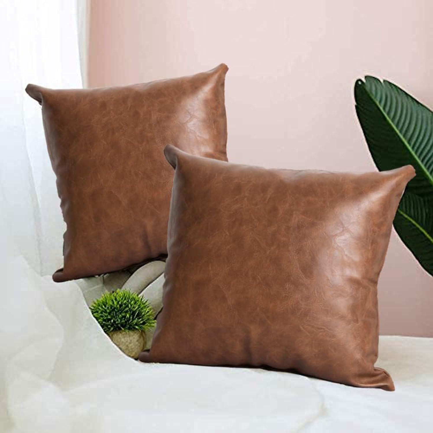 Faux Leather Throw Pillow Covers 18X18 Inch Set of 2 Brown Outdoor Modern Farmhouse Solid Decorative Pillow Covers for Room Couch Living Bedroom Bed Sofa