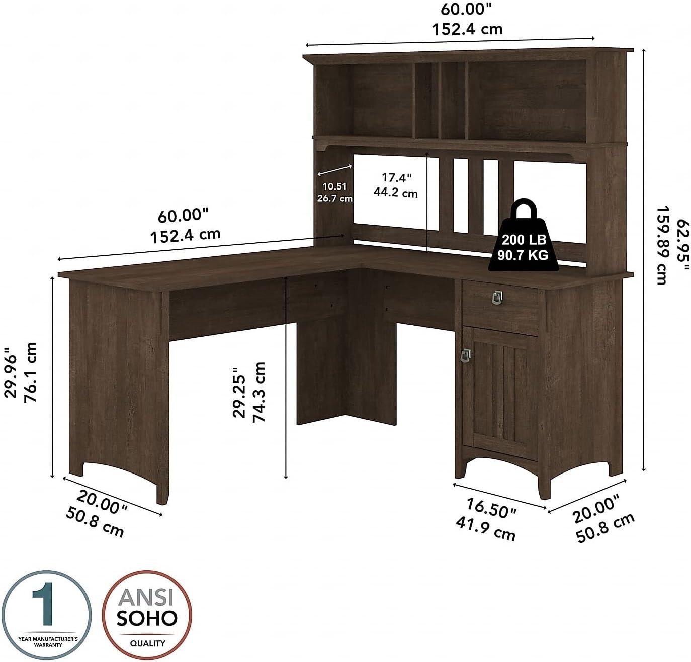 Bush Furniture Salinas Farmhouse 60 in L Shape Desk with Hutch, Box Drawer and Storage Cabinet in Ash Brown (Ships in 2 boxes)