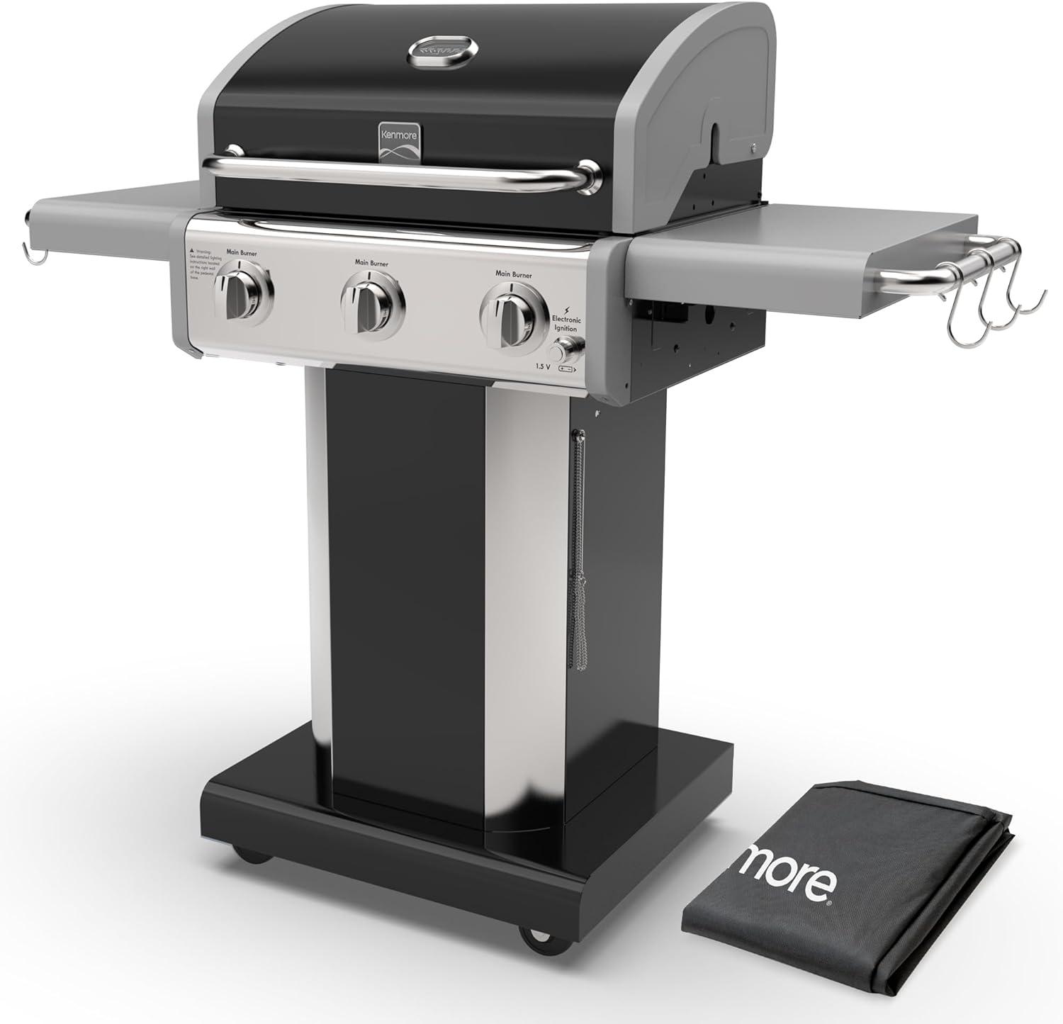 Kenmore 3-Burner Propane Gas Grill with Foldable Side Tables for Outdoor BBQ