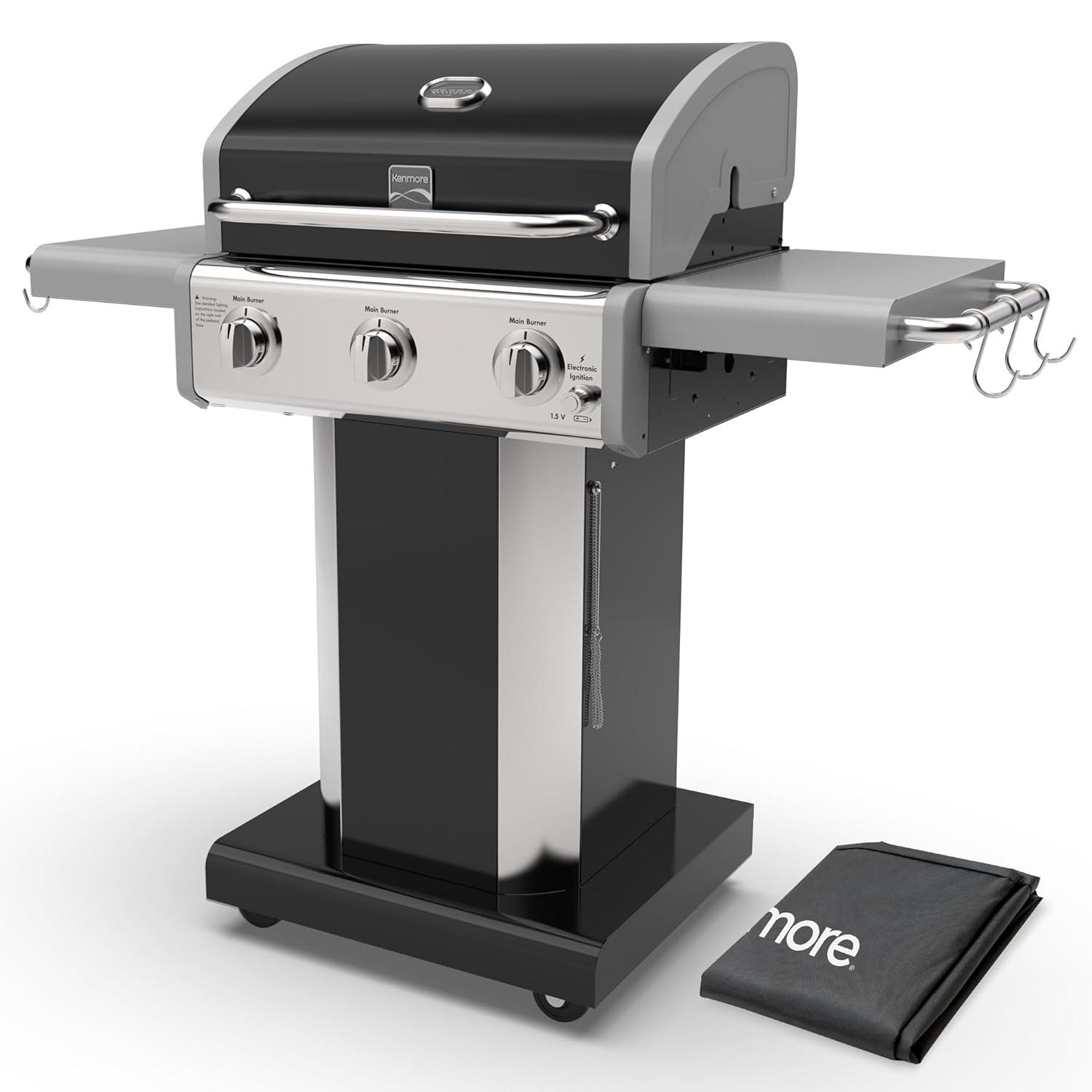 Kenmore 3-Burner Propane Gas Grill with Foldable Side Tables for Outdoor BBQ