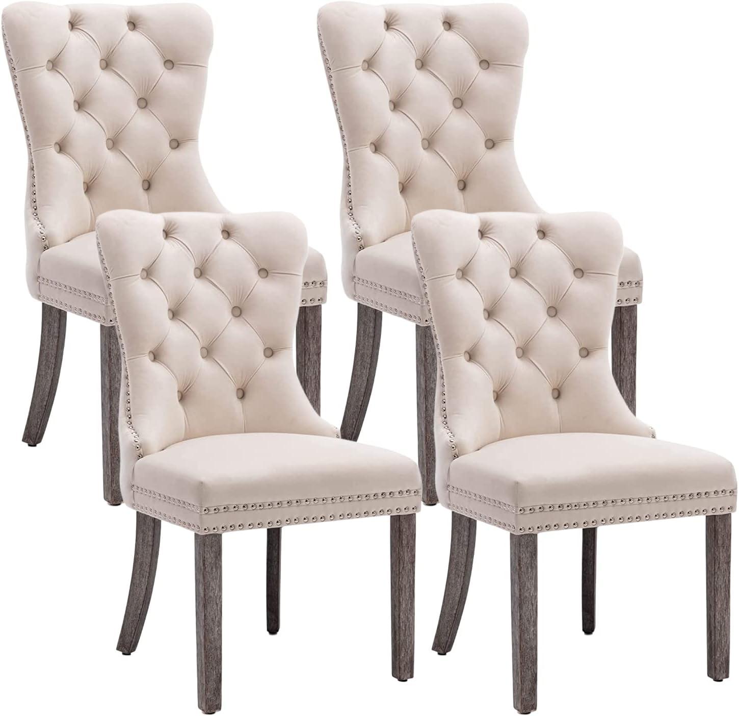 Tzicr Tufted Dining Chairs Set of 4, Upholstered Dining Chairs with Nailhead Back, Nailhead Trim, Velvet Dining Chairs for Kitchen/Bedroom/Dining Room(Beige)