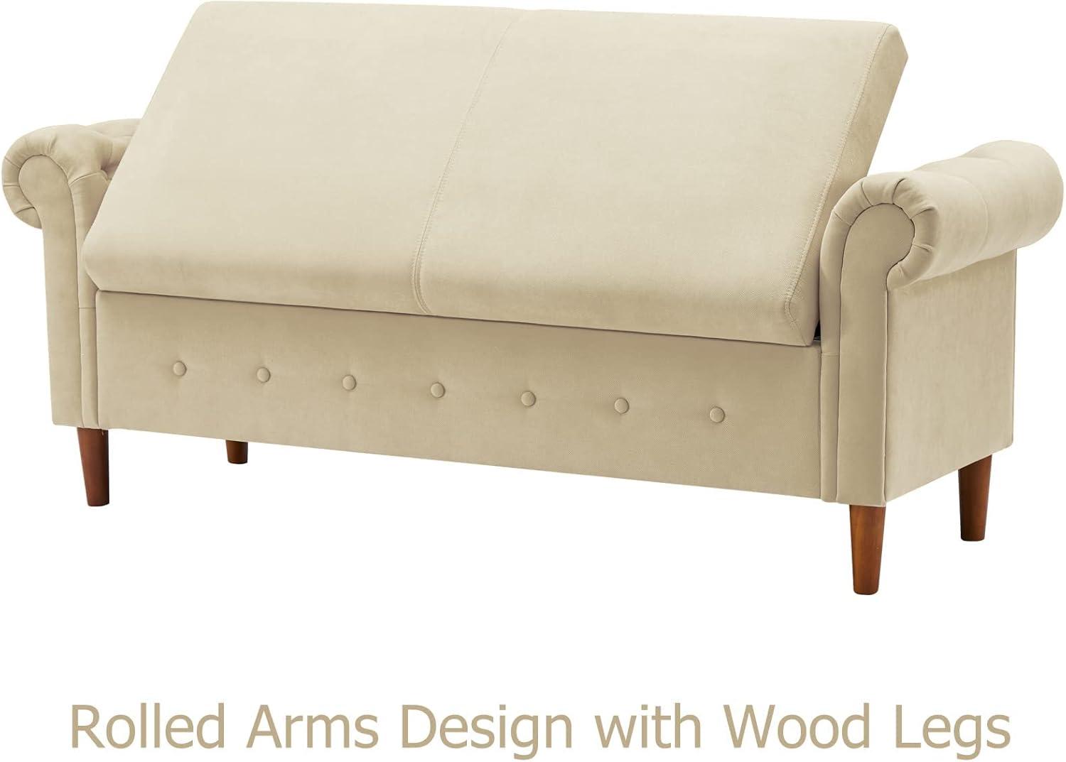 Beige Linen Rolled Arm Storage Bench with Wooden Legs