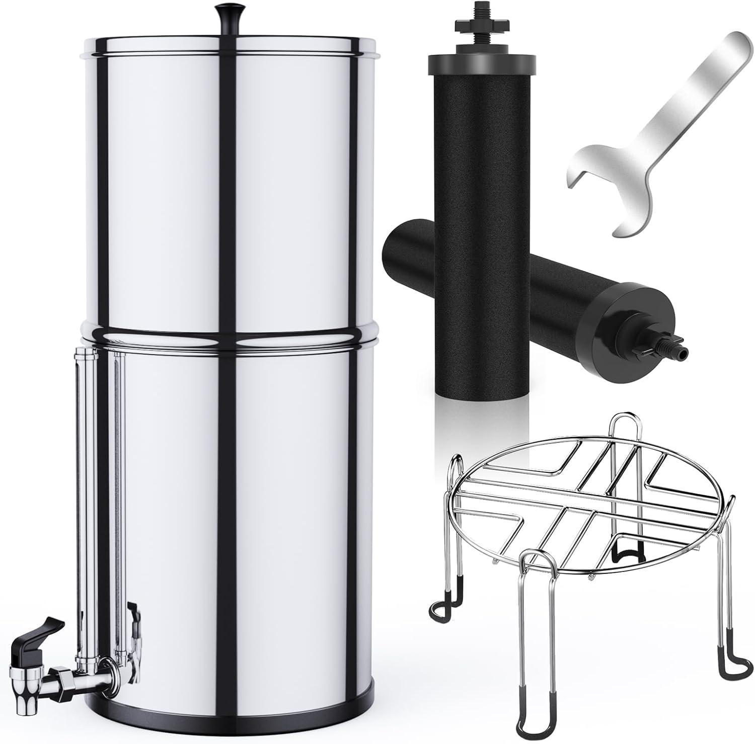 Kselythan Gravity Water Supply Filtration System 304 Stainless Steel Countertop Filtration System with 2 Carbon Black Filters and Water Level Faucet & Bracket 2.25G, Suitable for Family Camping RV Off