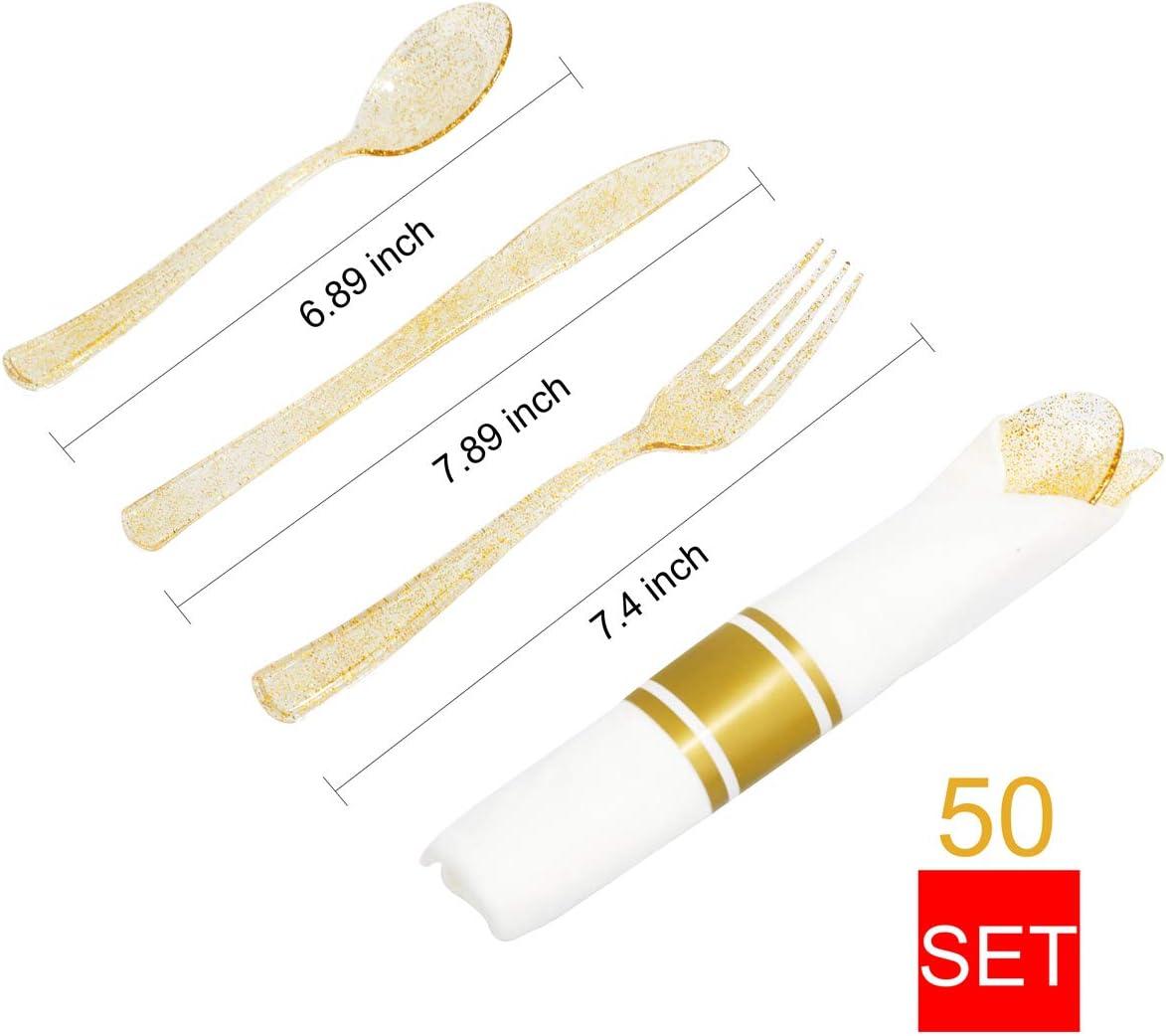 MODERN WALLS LLC 350 Pieces Gold Glitter Dinnerware Set 50 Guest For Party- 50 Dinner Plates, 50 Dessert Plates -50 Per Rolled Napkins With Gold Cutlery - 50 Disposable Cups 9 OZ