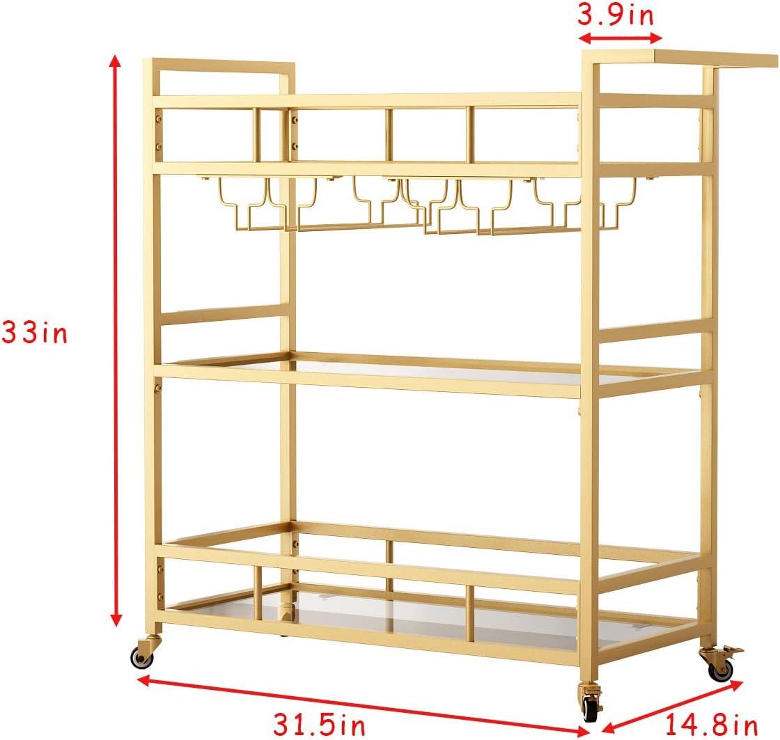 Bar Cart Gold with Bottle Storage and Wine Glass, Rolling Serving Bar Cart on Wheels Indoor & Outdoor, Patio, Gold Kitchen Serving Cart for Party(3-Tier)