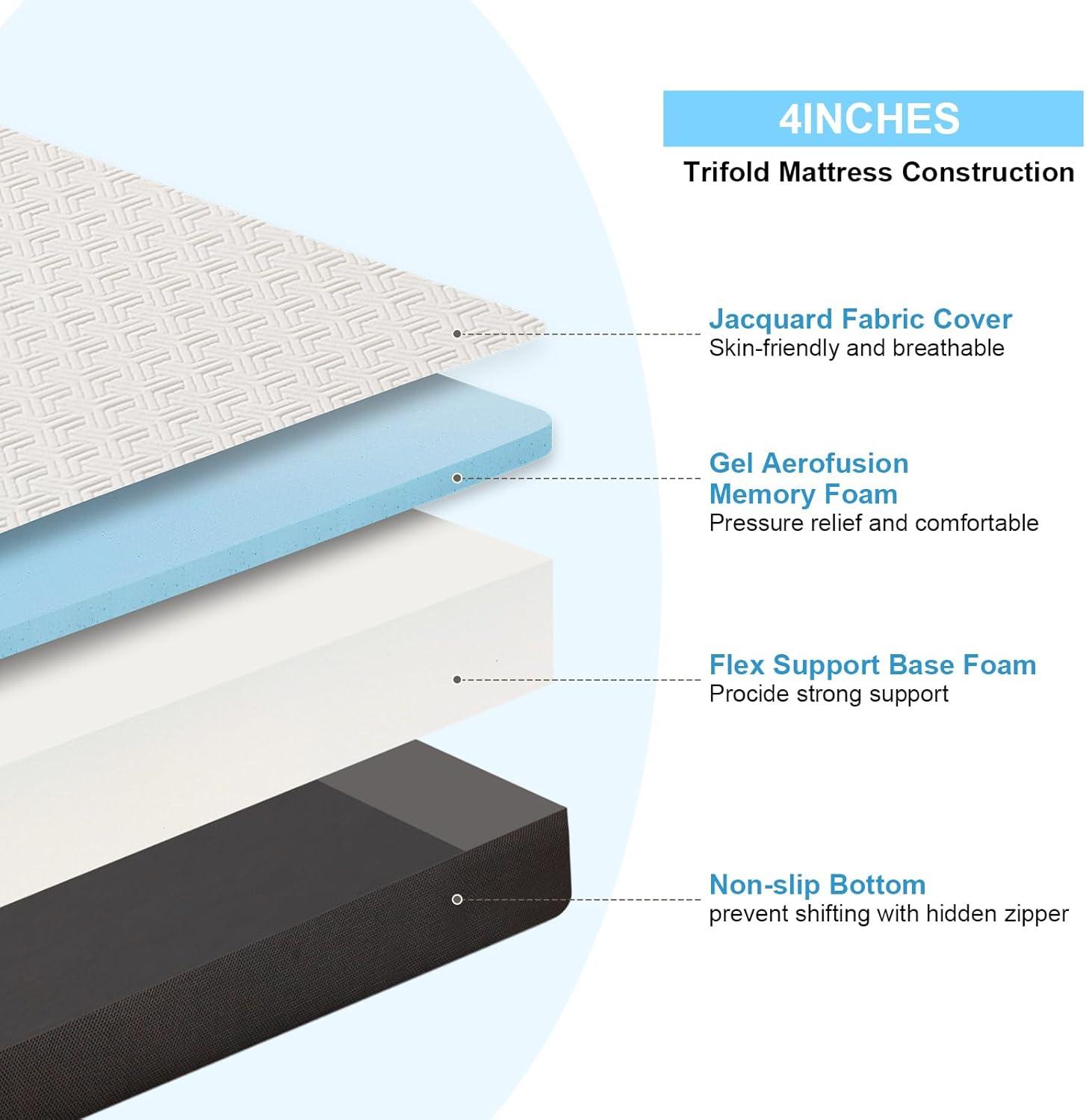 Foldable Gel Memory Foam Mattress with Bamboo Fiber Cover, 75" x 25" x 4"