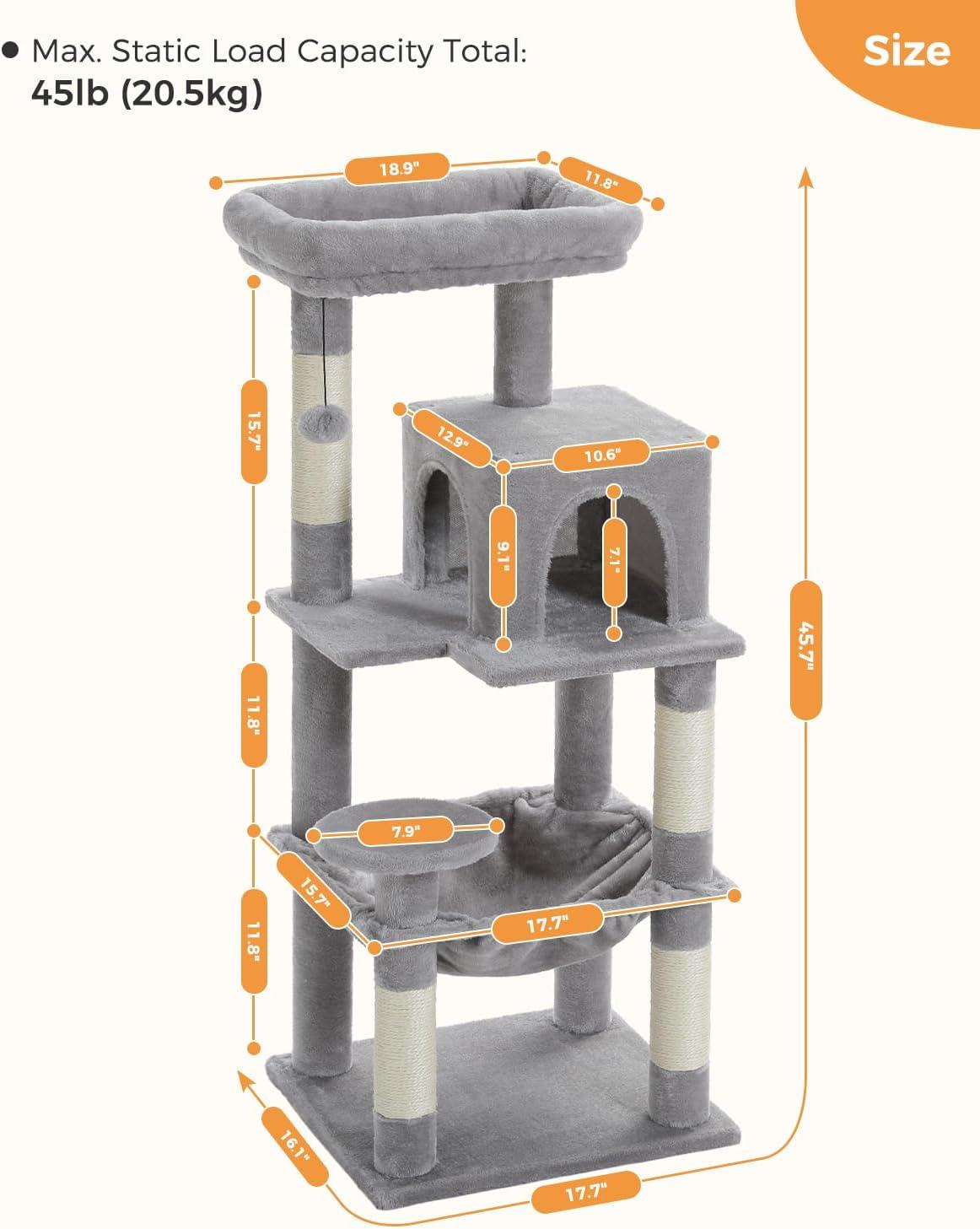 Gray Multi-Level Cat Tree with Sisal Posts and Hammock