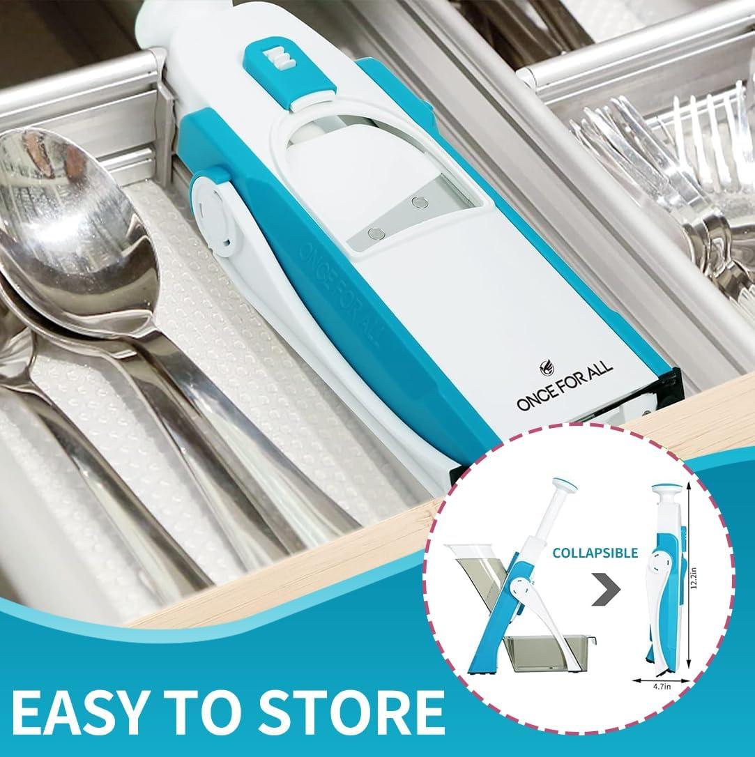 ONCE FOR ALL Safe Mandoline Slicer 5 in 1 Vegetable Cutter, Strips Julienne Dicer Adjustable Thickness 0.1-8 mm for Kitench Fast Meal Prep (Light Blue)