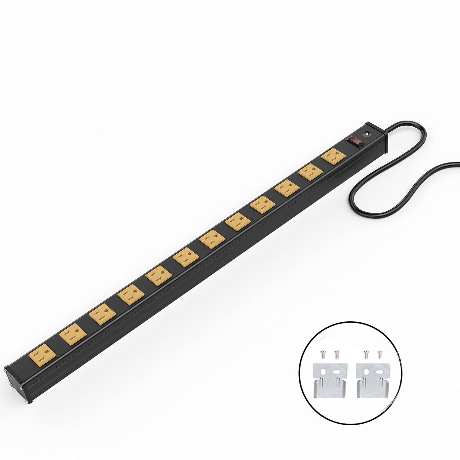 Oviitech 12 Outlets Heavy Duty Metal Socket Power Strip, 6-Foot Long Extension Cord with Circuit Breaker. Mounting Brackets Included,Workshop/Industrial use, ETL Certified，Yellow