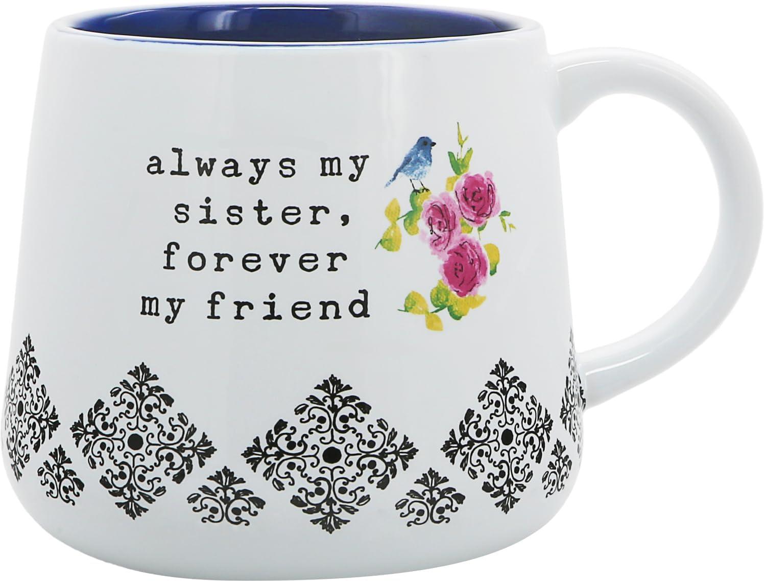 Modern White and Black Ceramic Sister Mug with Floral Design