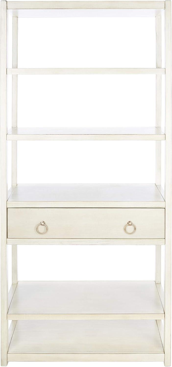 Antique White Acacia Wood 5-Shelf Etagere with Drawer