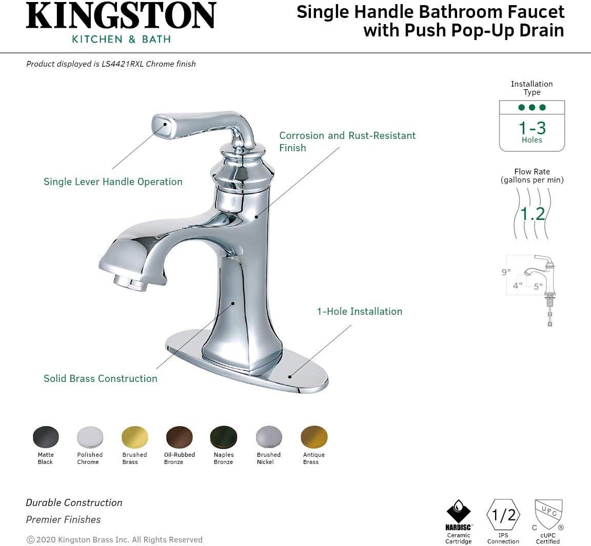 Kingston Brass Restoration Single-Handle 1-Hole Deck Mount Bathroom Faucet with Push Pop-Up