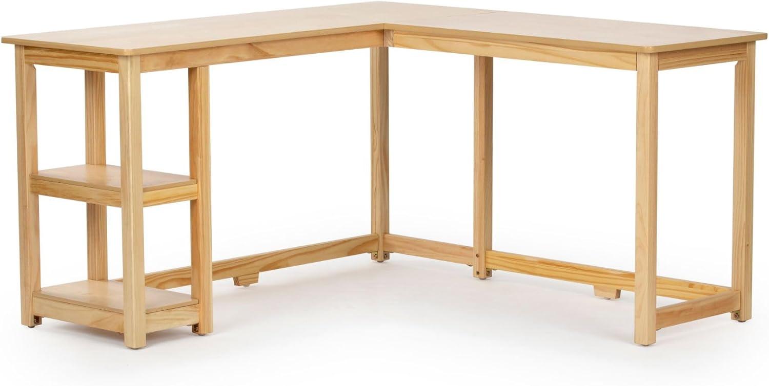Plank+Beam Solid Wood Corner Desk for Home Office, Gaming, Computer with Storage Shelves, Natural