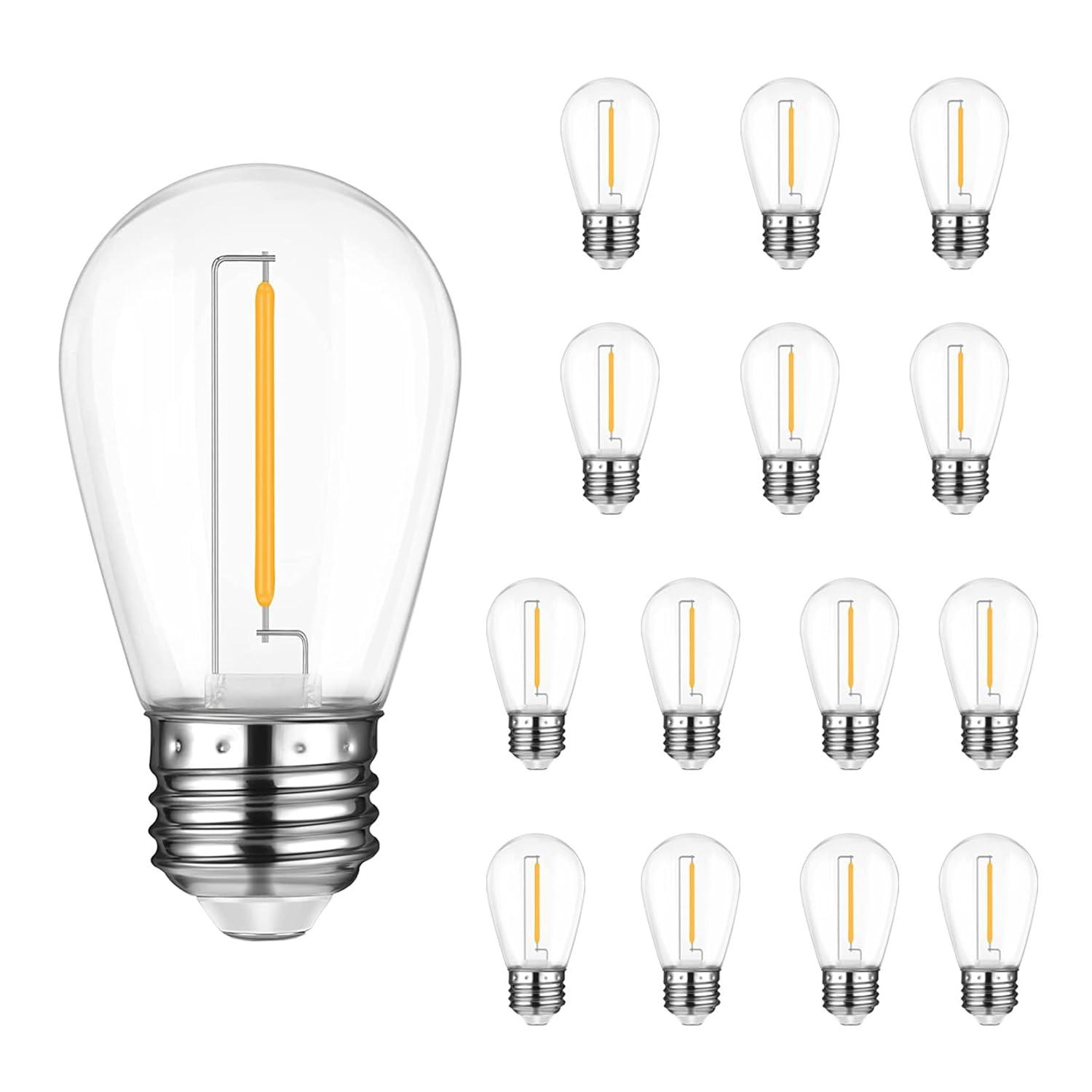 Svater Replacement Bulbs for Outdoor String Lights, 15 Pack S14 LED Bulbs for Patio, E26 Base 1W Bulb Equal to 11W Incandescent, Dimmable,Shatterproof 2700K Warm White