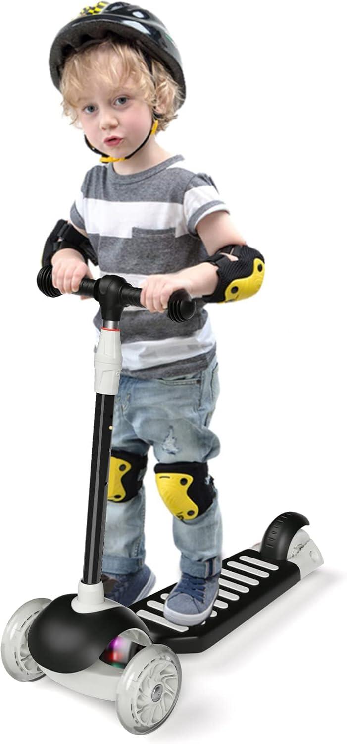 Adjustable Black Aluminum Kids Kick Scooter with Light-Up Wheels