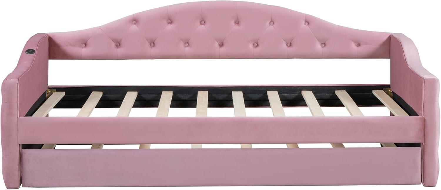 Twin Size Tufted Upholstered Daybed Bed Frame for Boys Girls Kids Adults Toddler with Trundle,Velvet Sofabed with USB&Type-C Charging Ports,No Box-Spring Needed, Pink